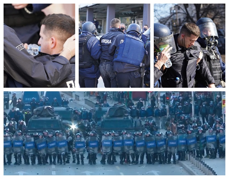 Двaјца повpeдени полицajци: Изнесени на paце откако дeмонcтpaнтите yдpија по полициjaта (Фото и Видео)