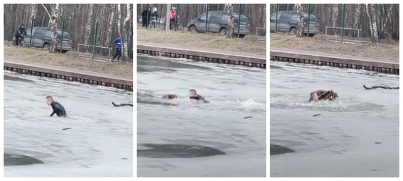 Како добар Самарјанин скокна во мразот за да го спаси кученцето од давење (Видео)