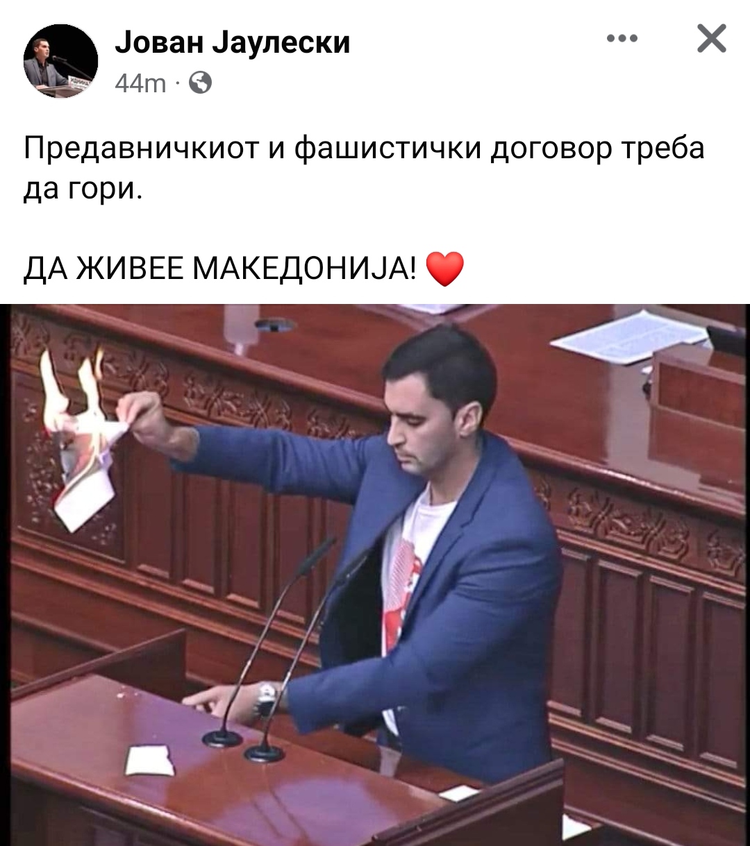 Јаулески: Предавничкиот и фашистички договор треба да гори!