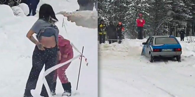(Видео) Рели возач се загледал во градите на една гледачка, па излетал од патот