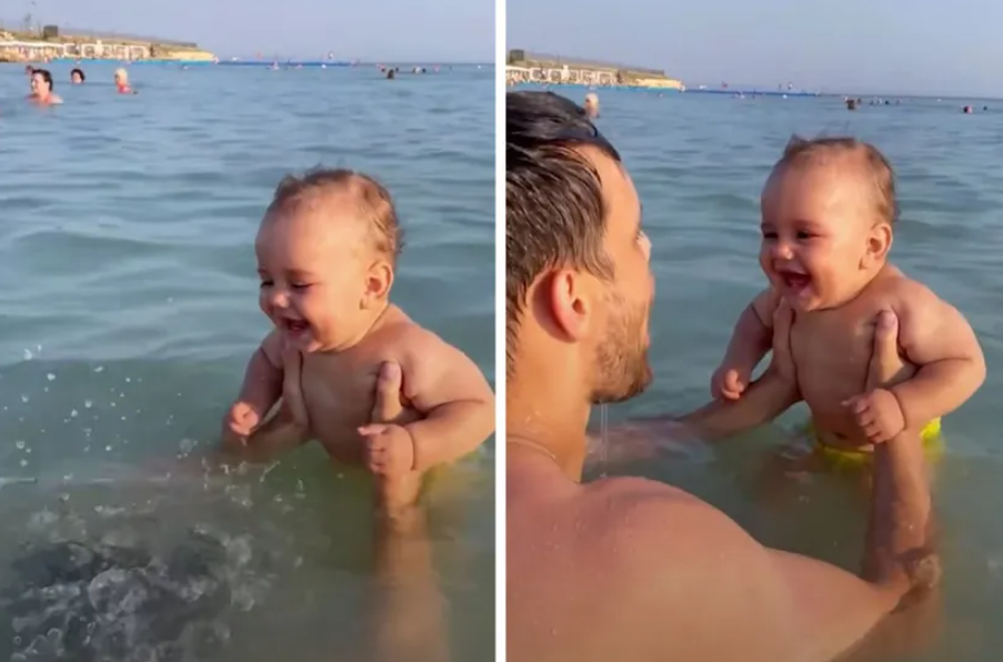 Петнаесет секунди чиста среќа: Реакцијата на бебе при првата средба со морето [ВИДЕО]
